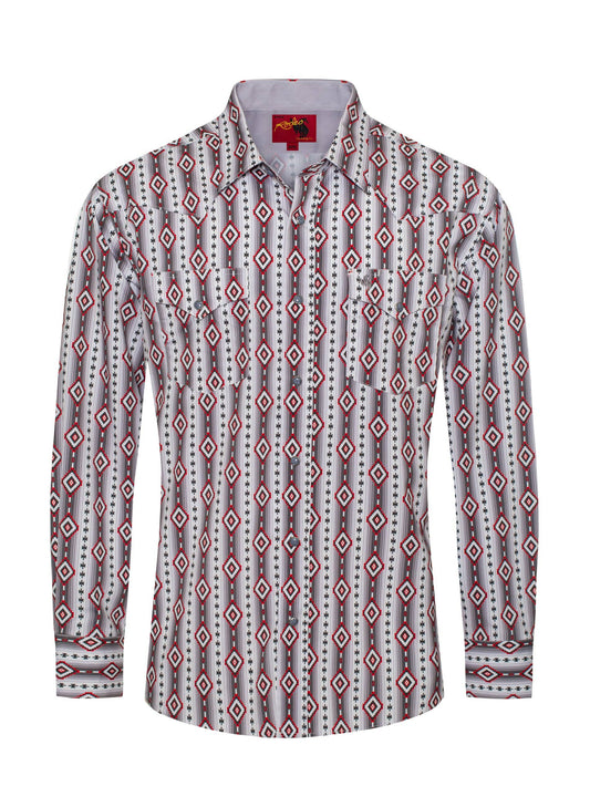 Rodeo Clothing | Shirt | Pearl Snap Aztec Red Print Shirt