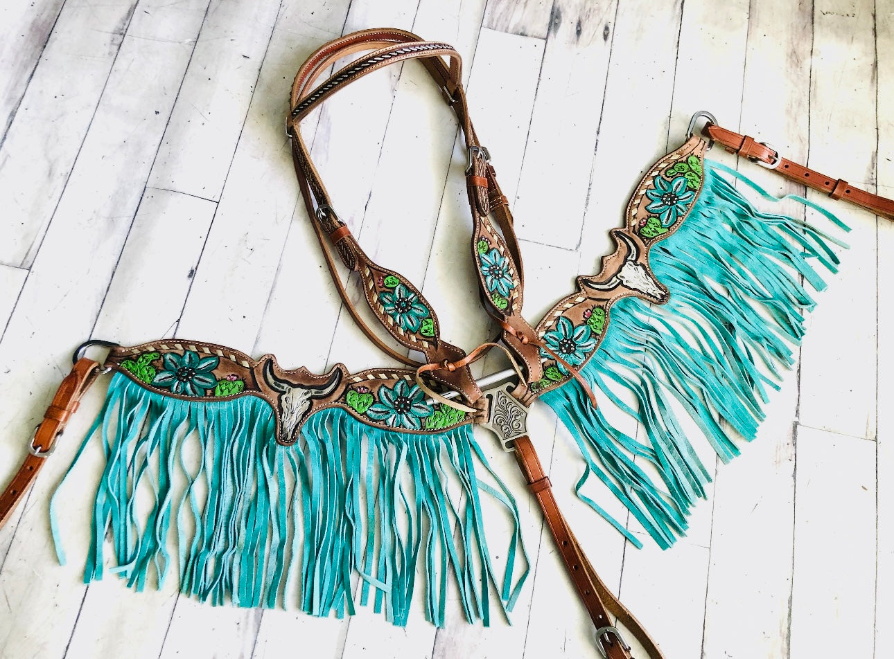 Tack Set | Steer Skull, Cactus & Turquoise Flowers