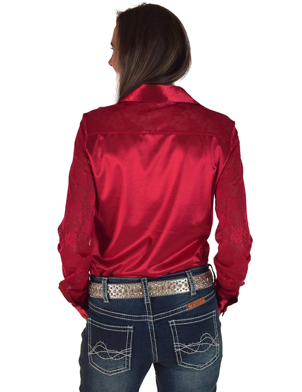 Cowgirl Tuff | Chemise Pullover | Lace Sleeves In Rich Red Satin | X-Large