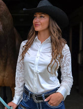 Charger l'image dans la galerie, Cowgirl Tuff | Chemise Pullover | White Satin And Velvet Floral Sleeves (L & XL)