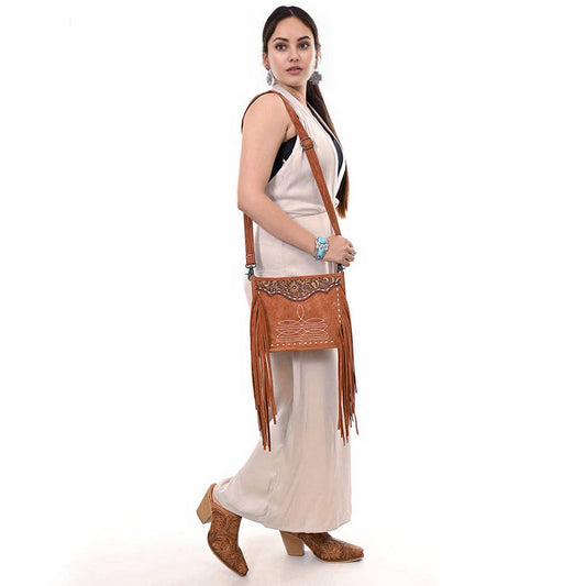 Sacoche à Bandoulière | Tan Suede Fringe & White Embroidery