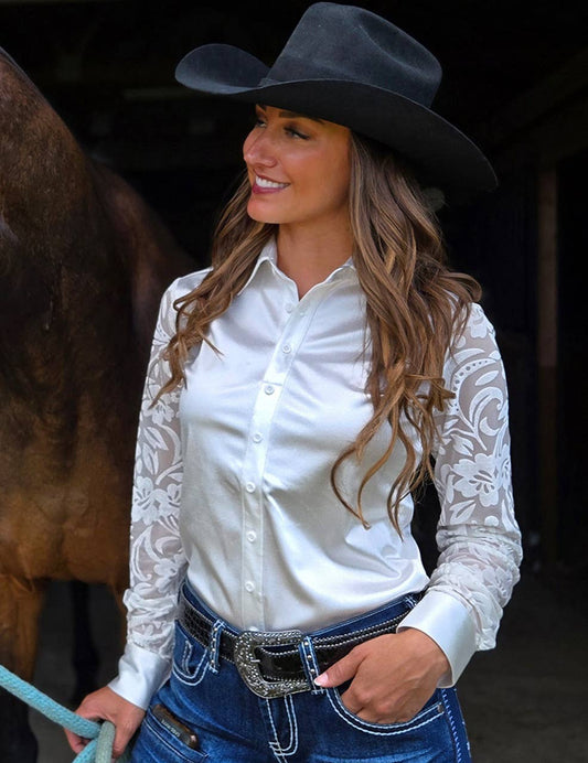 Cowgirl Tuff | Chemise Pullover | White Satin And Velvet Floral Sleeves | X-Large