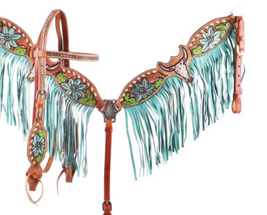 Tack Set | Steer Skull, Cactus & Turquoise Flowers
