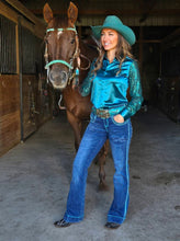 Charger l'image dans la galerie, Cowgirl Tuff | Chemise Pullover | Turquoise Satin with Sequin Sheer