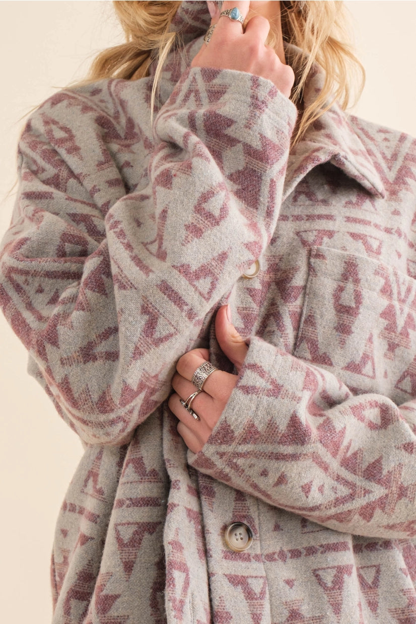 Blue | Jacket | Jacquard Aztec Print Button Up | Large