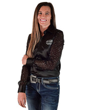 Charger l'image dans la galerie, Cowgirl Tuff | Chemise Pullover | Black Satin With Sheer Sequin Sleeves (L & XL)