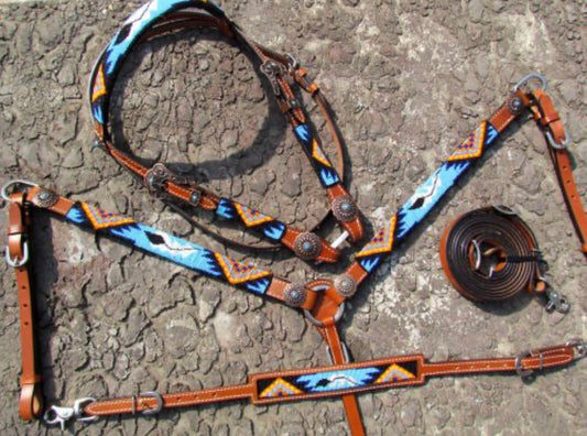 Tack Set | Beaded Aztec Orange & Turquoise Feather