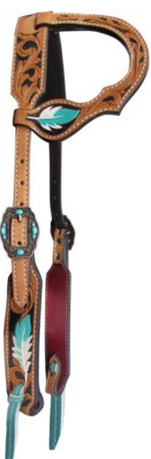 Headstall | One Ear | Turquoise Feathers