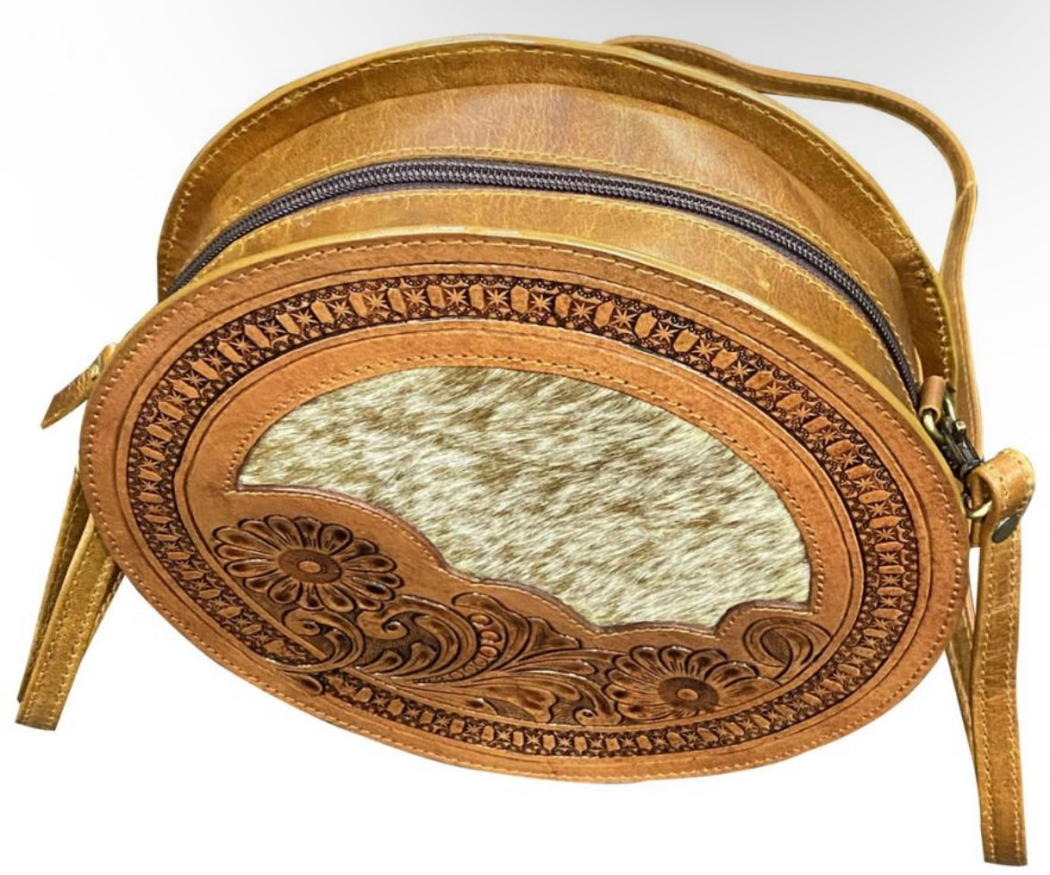 Round Crossbody Bag | Cowhide Inlay