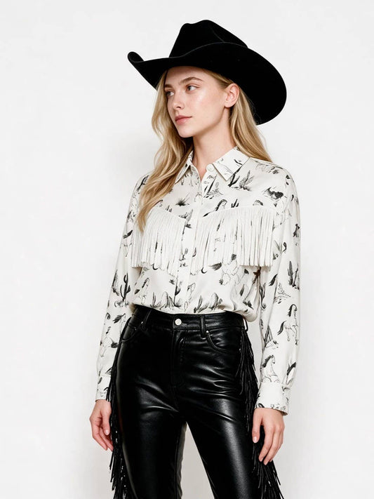 Blue B | Chemise | Western Horse Print Fringe Satin