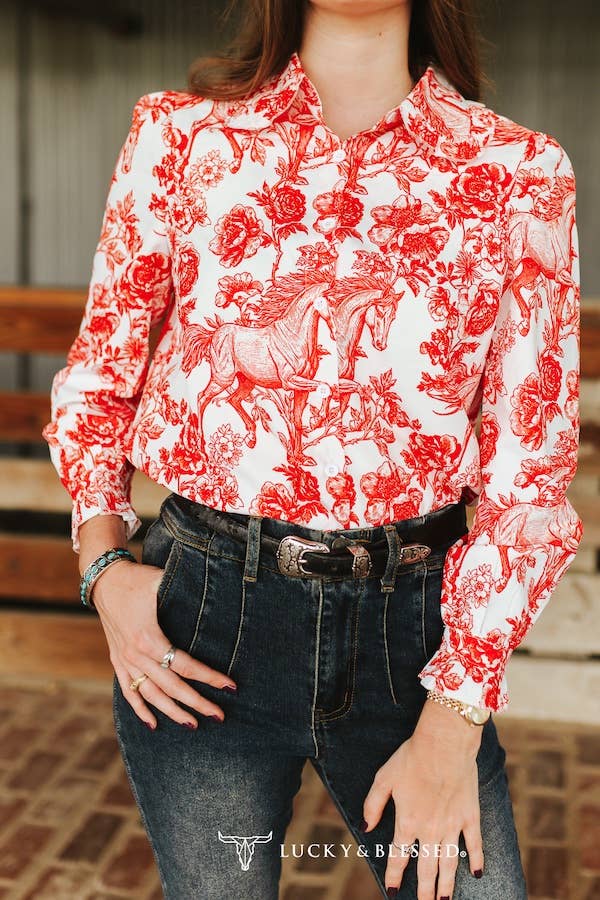 Ivory Red Horse Floral Printed Ruffle Collar Shirt