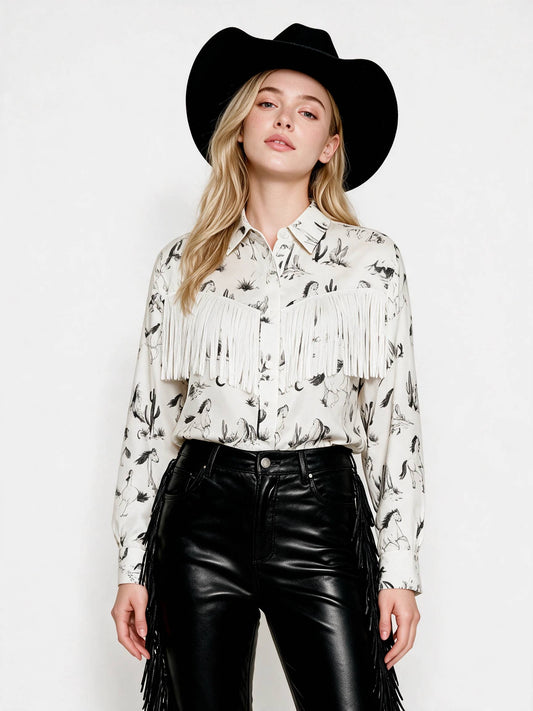 Blue B | Chemise | Western Horse Print Fringe Satin