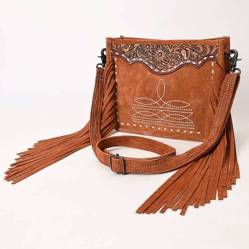 Sacoche à Bandoulière | Tan Suede Fringe & White Embroidery