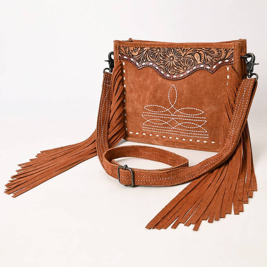 Sacoche à Bandoulière | Tan Suede Fringe & White Embroidery