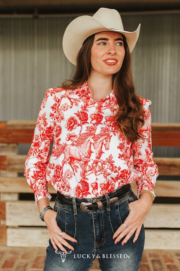 Ivory Red Horse Floral Printed Ruffle Collar Shirt