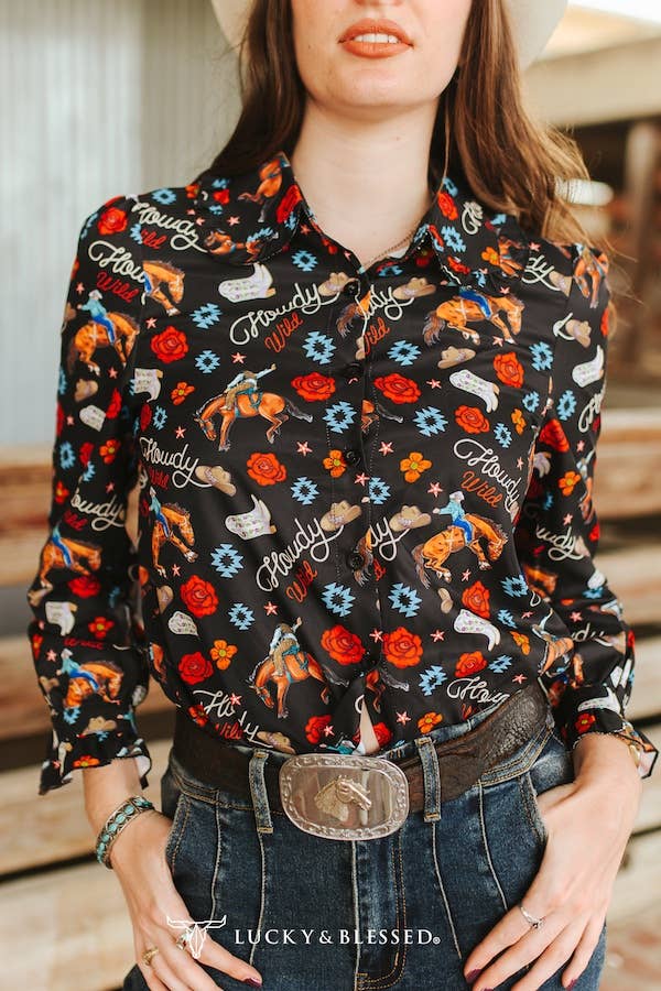 Black Western Printed Ruffle Collar Button Down Shirt