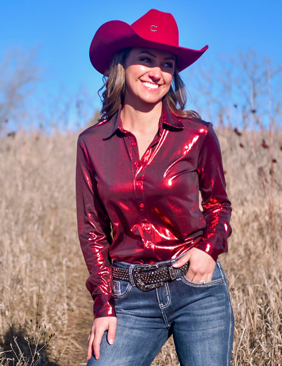 Cowgirl Tuff | Pullover Shirt | Red Shiny Metallic Lightweight Jersey 
