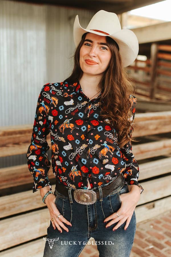 Black Western Printed Ruffle Collar Button Down Shirt