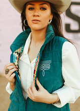 Load the image into the gallery, BIENTÔT DISPONIBLES | L&amp;B | Veste | Teal Puffer W Aztec Lining Boot Stitch Detail
