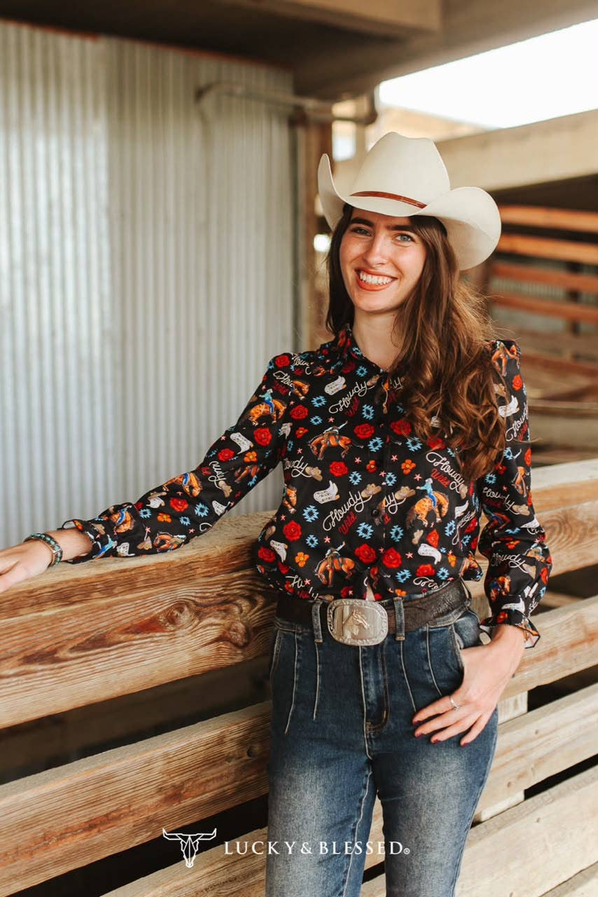 Black Western Printed Ruffle Collar Button Down Shirt