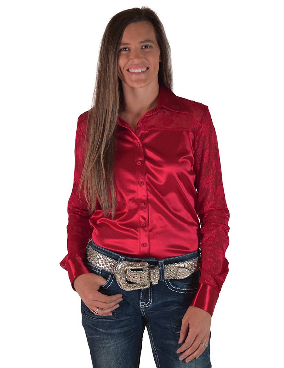 Cowgirl Tuff | Chemise Pullover | Lace Sleeves In Rich Red Satin | X-Large