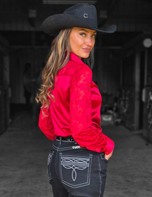 Cowgirl Tuff | Chemise Pullover | Lace Sleeves In Rich Red Satin | X-Large