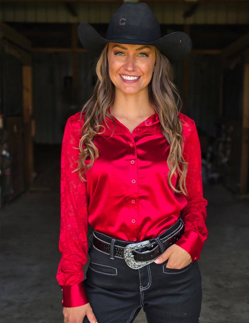 Cowgirl Tuff | Chemise Pullover | Lace Sleeves In Rich Red Satin | X-Large