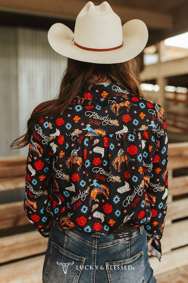 Black Western Printed Ruffle Collar Button Down Shirt