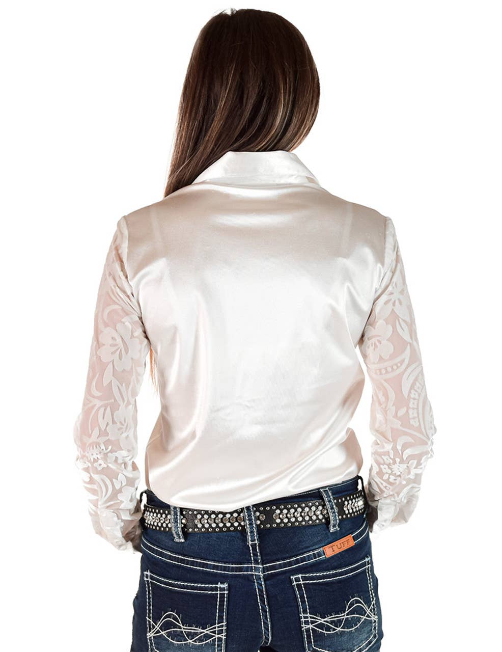 Cowgirl Tuff | Chemise Pullover | White Satin And Velvet Floral Sleeves | X-Large