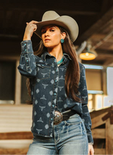Load the image into the gallery, L&amp;B | Chemise | Vintage Mid Wash Cowskull Aztec
