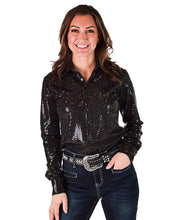 Load the image into the gallery, Cowgirl Tuff | Chemise Pullover | Black Metallic Foil Stretch
