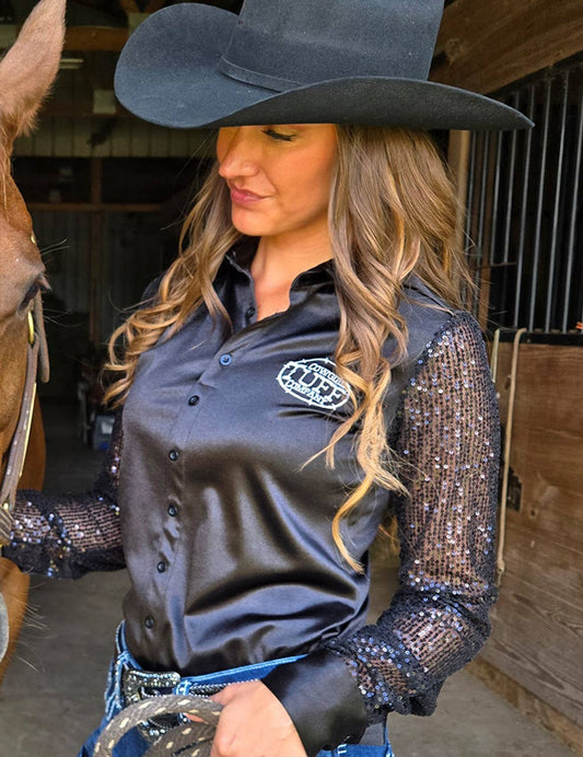 Cowgirl Tuff | Chemise Pullover | Black Satin With Sheer Sequin Sleeves | X-Large
