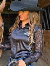 Load the image into the gallery, Cowgirl Tuff | Chemise Pullover | Black Satin With Sheer Sequin Sleeves
