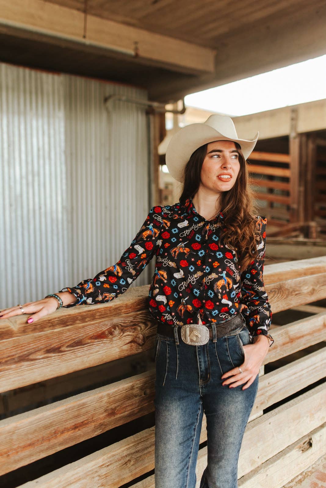 Black Western Printed Ruffle Collar Button Down Shirt