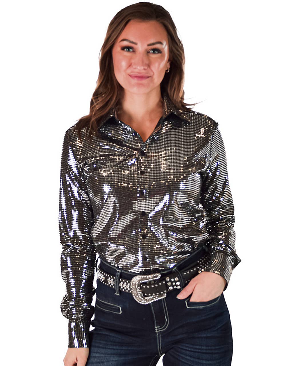 Cowgirl Tuff | Chemise Pullover | Silver Metallic Foil Stretch