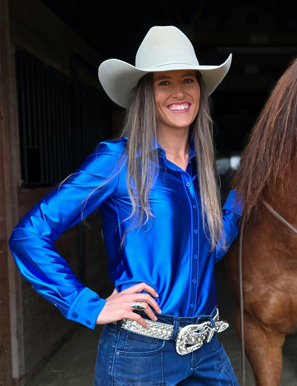 Cowgirl Tuff | Chemise Pullover | Sapphire Blue Satin | X-Large