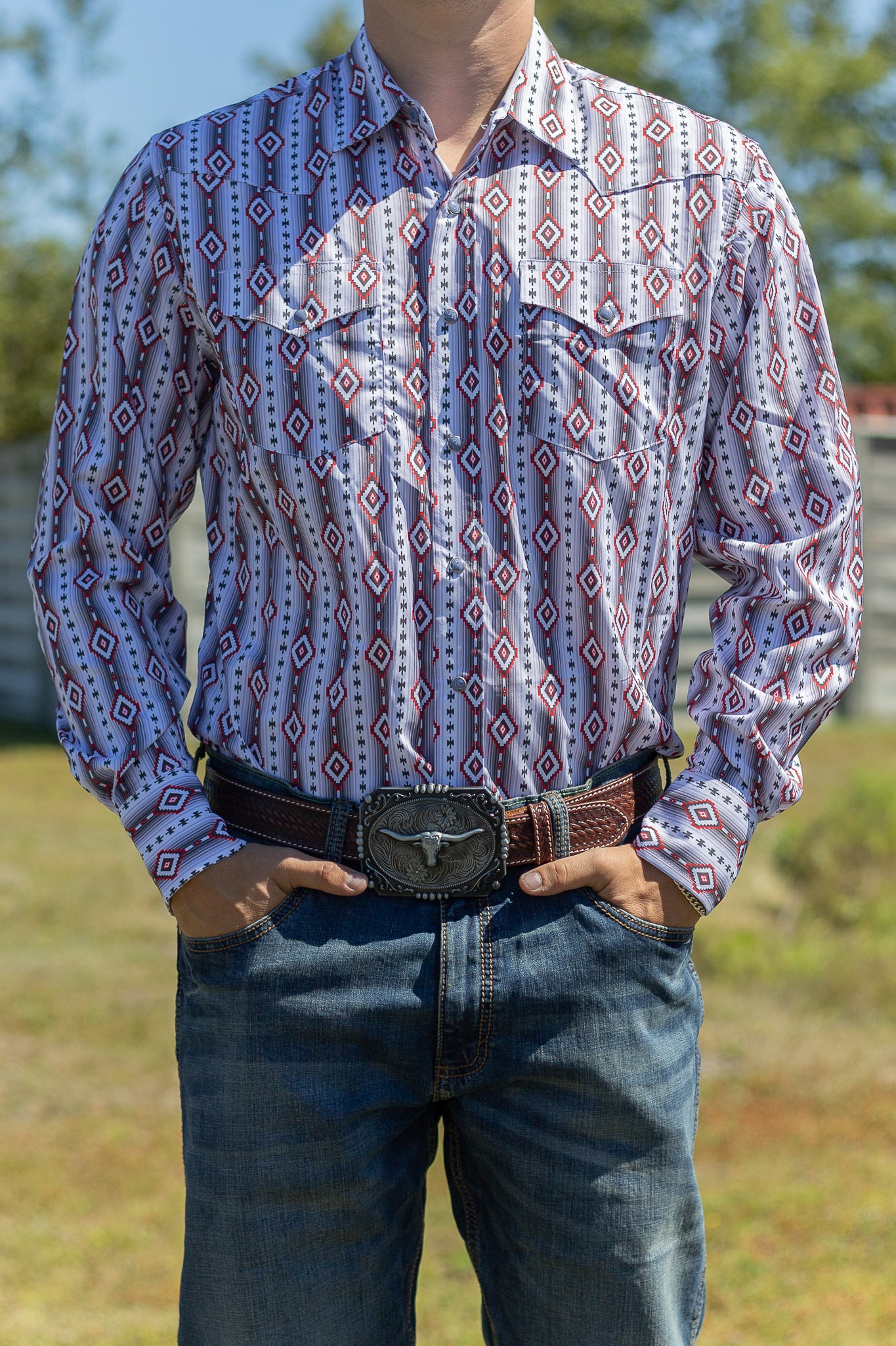 Rodeo Clothing | Chemise | Pearl Snap Aztec Red Print Shirt