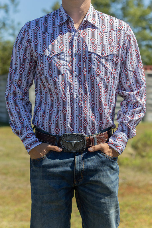 Rodeo Clothing | Chemise | Pearl Snap Aztec Red Print Shirt