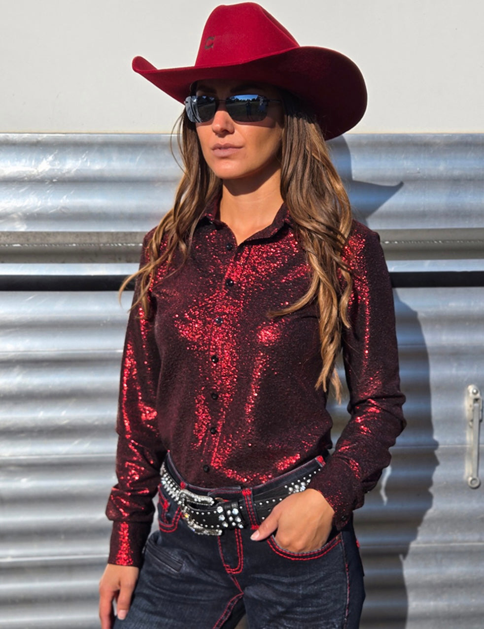 Cowgirl Tuff | Chemise Pullover | Red Shimmer over Black