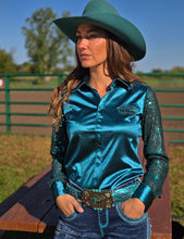 Charger l&#39;image dans la galerie, Cowgirl Tuff | Chemise Pullover | Turquoise Satin with Sequin Sheer
