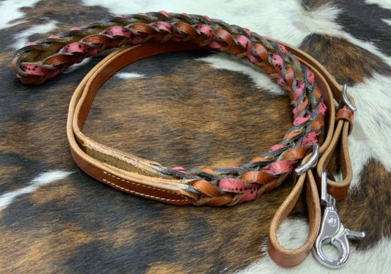 Roping noué western baril rênes nylon tressé rose turquoise 60770 Roping noué western baril rênes nylon tressé rose turquoise 60770