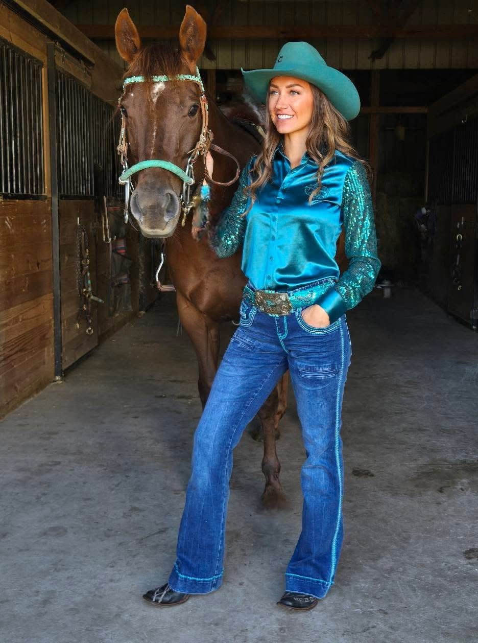 BIENTÔT DISPONIBLES | Cowgirl Tuff | Chemise Pullover | Turquoise Satin with Sequin Sheer
