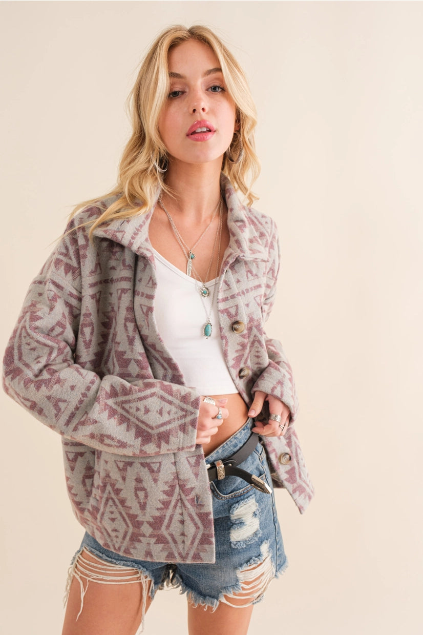 Blue | Jacket | Jacquard Aztec Print Button Up | Large