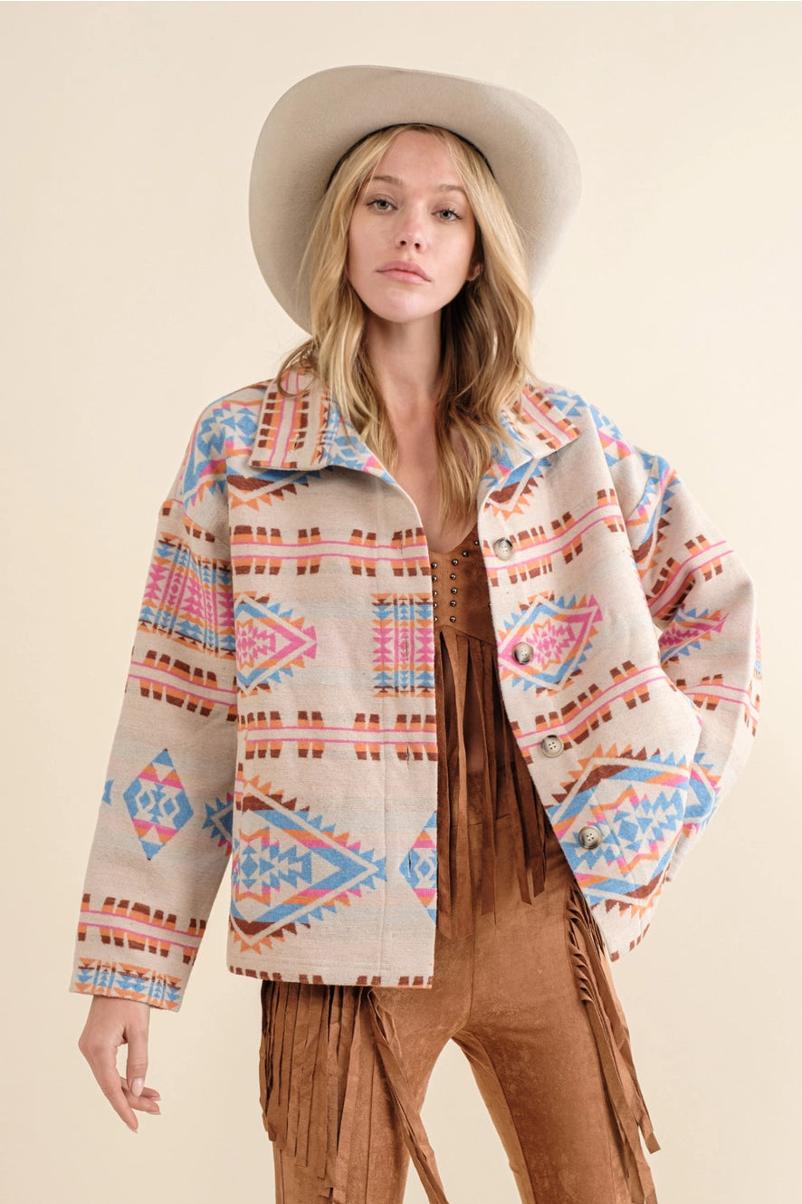 Blue | Jacket | Aztec Jacquard Mock Neck Button Up | Small