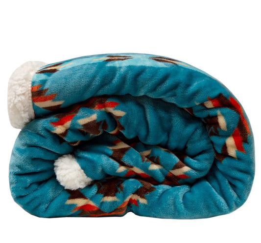 Sherpa Throw Blanket | Southwestern Turquoise Aztec