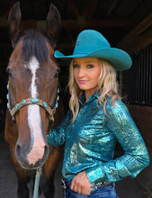 Load the image into the gallery, Cowgirl Tuff | Chemise Pullover | Turquoise Foil And Shimmer
