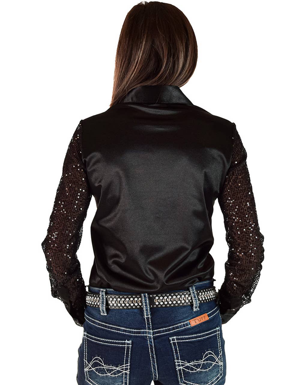 Cowgirl Tuff | Chemise Pullover | Black Satin With Sheer Sequin Sleeves | X-Large