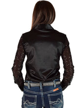 Load the image into the gallery, Cowgirl Tuff | Chemise Pullover | Black Satin With Sheer Sequin Sleeves
