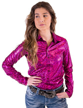 Load the image into the gallery, Cowgirl Tuff | Chemise Pullover | Metallic Lightweight Stretch Jersey Pink
