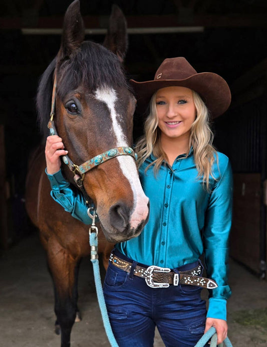 Cowgirl Tuff | Pullover Shirt | Deep Turquoise Satin 
